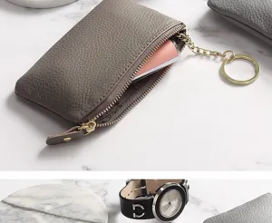 Genuine leather coin purse mini wallet with keychain zipper compact design for women daily use
