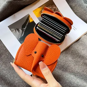 Nettes Elefanten Design Echtes Leder Kartenhalter Mehrfachschlitz Reißverschluss Akkordeon Münzgeldbörse Damen Mini Geldbörse Mode
