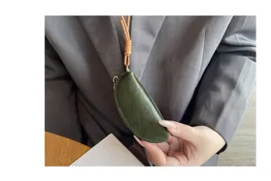 Mini genuine leather coin purse green half moon keychain pouch with neck lanyard daily use