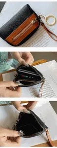 Mini leather coin purse with keychain and zipper, compact pocket wallet for keys and coins.