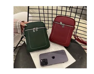 Genuine leather mini phone bag for women, stylish small crossbody shoulder bag with zipper.