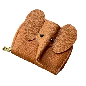 Süßes Elefanten-Design Leder Kartenetui für Damen, kompaktes Münzfach mit Reißverschluss.