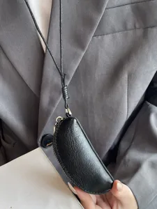 Genuine Leather Mini Coin Purse Women Vegetable Tanned Lipstick Bag With Neck Strap Small Change Key Holder Pouch