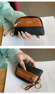 Women's small mini coin purse leather wallet with key ring and zipper pocket for use