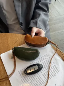 Genuine leather mini coin purse vintage half-moon key pouch with lanyard for women.