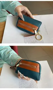 Leather coin purse small mini zipper change pouch with keychain ring detail view showcase.