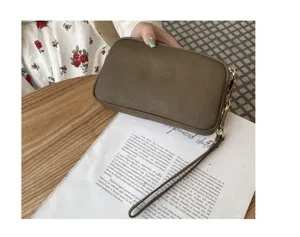 Genuine leather women clutch bag double zipper large capacity phone wristlet purse detail