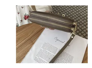 Genuine leather double zipper women clutch bag large capacity stylish wristlet handbag