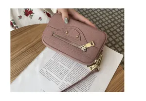 Women leather clutch bag vintage motorcycle style double zipper wallet with wrist strap daily use