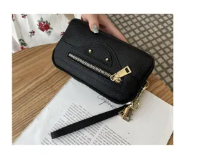 Black genuine leather women clutch wallet, motorcycle style purse with double zipper and strap.