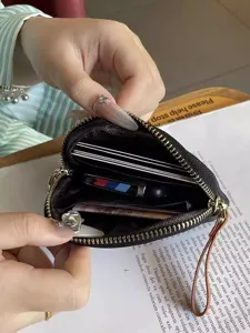 Mini black heart coin purse women leather card wallet zipper key chain cute minimalist style