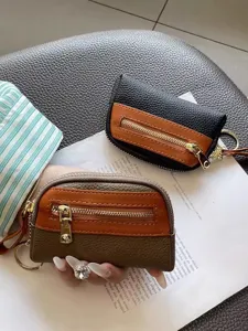 Women genuine leather mini coin purse zipper keychain colorblock cute small wallet pendant