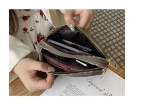 Genuine leather women's clutch double zipper phone wallet large capacity brown handbag