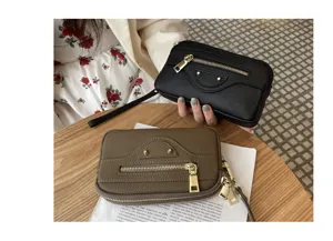 Genuine leather women clutch bag double zipper motorcycle style handbag stylish wristlet purse.