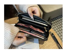 Detail view showing interior card slots and phone pocket of black long zipper wallet.