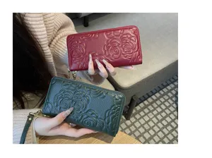 Women's Genuine Leather Long Wallet Fashion Camellia Embossed Zipper Purse Card Holder