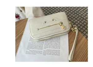 White leather motorcycle wristlet wallet, double zipper phone clutch bag for women stylish.