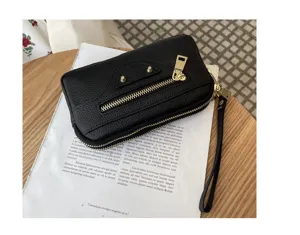 Genuine leather women motorcycle clutch bag, black cell phone purse with double zipper pockets.