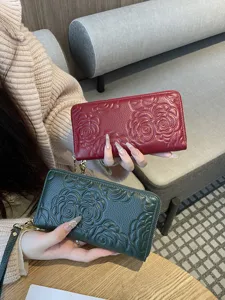 Women's Genuine Leather Long Wallet Vintage Cowhide Embossed Camellia Single Zipper Purse Card Holder Clutch