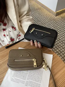 Genuine leather women clutch bag motorcycle style double zipper wristlet handbag elegant daily