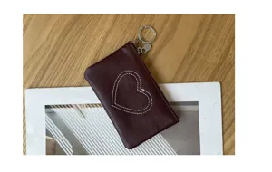 Genuine leather coin purse for women, vintage heart stitched card holder with keychain pouch.