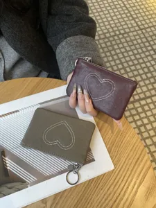 Vintage Genuine Leather Women Coin Purse Vegetable Tanned Leather Heart Stitching Card Holder Small Wallet