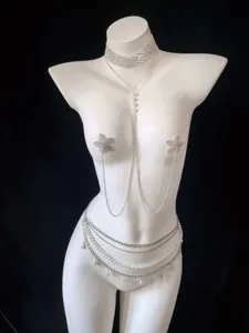 Fashion multi-layer imitation pearl waist chain rhinestone body jewelry set for dress.