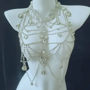 Detailed view of the sparkling rhinestone chest chain, featuring multi-layer dazzling crystals.