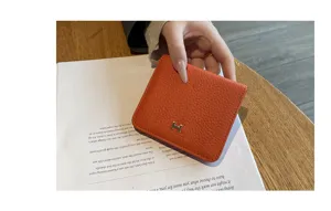Genuine leather women's short wallet compact cowhide card holder fashionable minimalist style