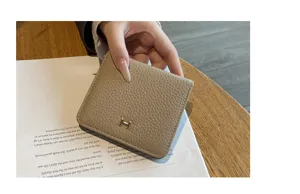 Genuine leather women short wallet compact pebbled cowhide card holder minimal style chic accessory