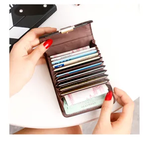Women compact accordion card holder multi slot PU leather slim wallet brown monogram stylish