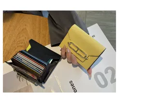 Genuine leather card holder wallet for women, stylish multi-slot compact purse, detail view.
