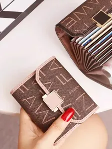 Compact brown accordion card holder for women, multi-slot slim minimalist credit card case.