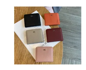 Women's genuine leather short wallet mini card holder chic compact coin purse with metal H buckle