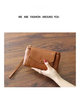 Minimalist genuine leather women clutch bag large capacity wrist wallet for daily