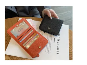 Genuine leather short wallet women pebble grain bi-fold card holder coin purse detail view