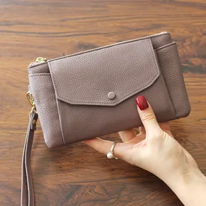 Minimalist Genuine Cowhide Leather Clutch Bag For Women Large Capacity Versatile Wristlet Phone Wallet Handbag