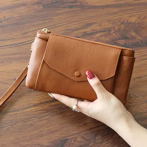 Women leather wrist bag clutch simple casual brown phone wallet large capacity hand bag main