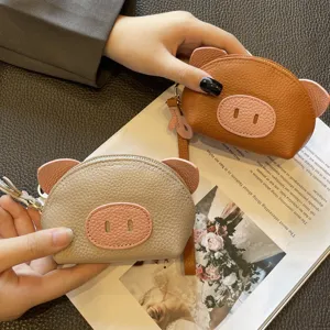 Women Genuine Leather Mini Coin Purse Cute Pig Design Small Wallet Zipper Card Holder With Wrist Strap Fashion Handbag