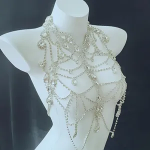 Exquisite multi-layer rhinestone body chain detail, sparkling chest chain for women party wear.