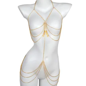 Detailed view of the gold multi-layer rhinestone body chain with cute butterfly pendants.