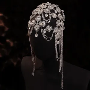Crystal rhinestone hair chain detail close-up sparkling bridal hair net jewelry accessory