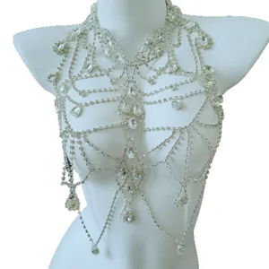 Multilayer rhinestone body chain sexy bikini chest jewelry for women crystal bra harness.