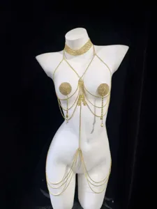 Gold rhinestone body chain with butterfly pendant, sexy multi-layer chest and waist chain.