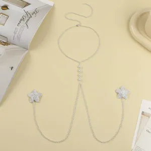 Detail view of silver rhinestone star waist chain rhinestone body chain jewelry accessory