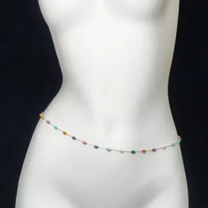 Vintage colorful stone waist chain for women, delicate metal belly chain fashion jewelry.