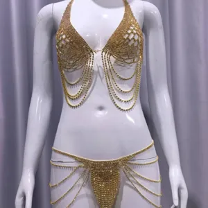 Gold rhinestone tassel body chain set, sparkling crystal bikini harness for festival party wear.