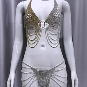 Rhinestone body chain set, crystal bra and waist chain for women fashion party jewelry