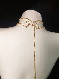 Gold rhinestone choker necklace with back chain geometric design fashion women jewelry