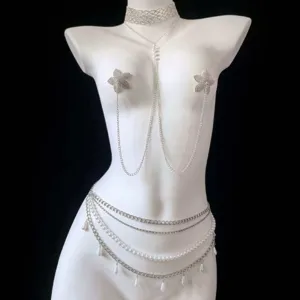 Multi-layer body chain set with rhinestone choker, flower chest chain and pearl waist chain.